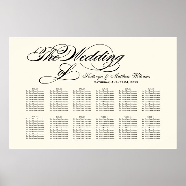 Elegant Black Calligraphy Ivory Wedding Seating Poster (Front)