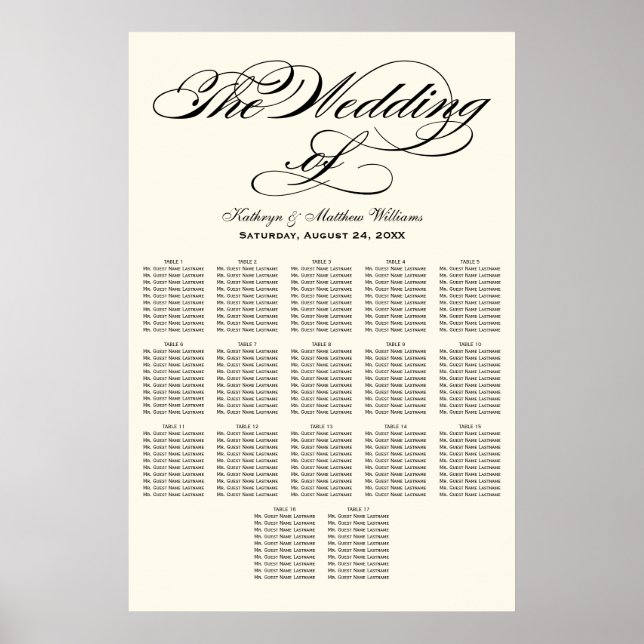 Elegant Black Calligraphy Ivory Wedding Seating Poster (Front)