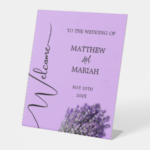 Elegant Black Calligraphy Lavender Wedding Welcome Pedestal Sign