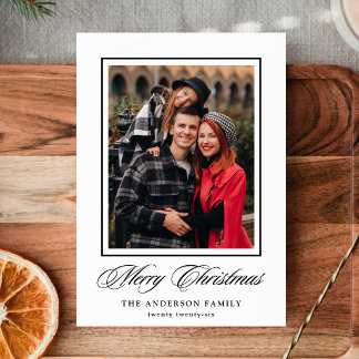 Elegant Black Calligraphy Merry Christmas 4 Photo Holiday Card