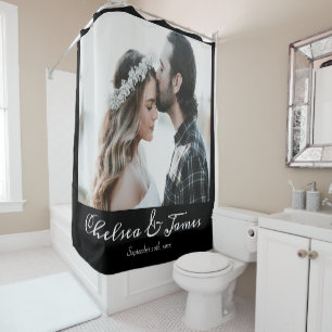 Elegant Black Calligraphy Photo Personalised Shower Curtain