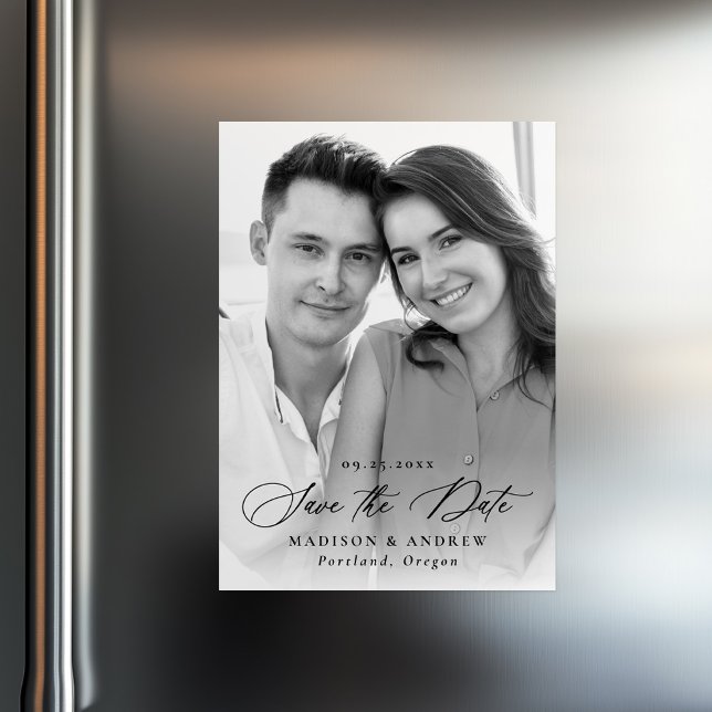 Elegant Black Calligraphy Photo Save the Date Magnetic Invitation (Creator Uploaded)