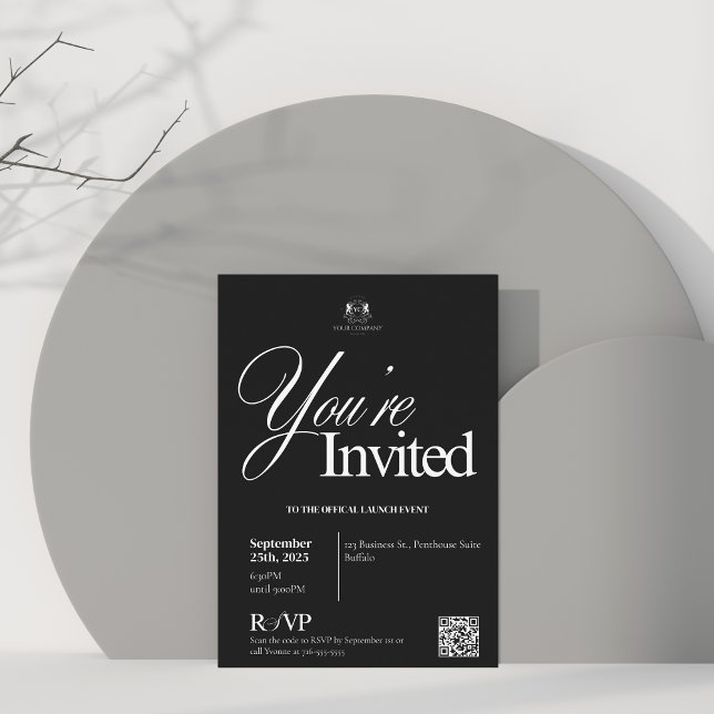 Elegant Black Calligraphy QR Business Opening Invitation (Creator Uploaded)