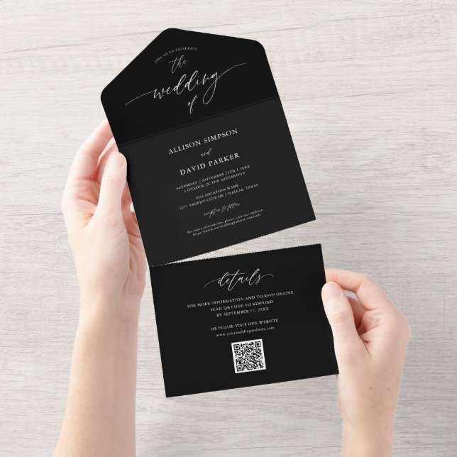 Elegant Black Calligraphy QR Code Wedding All In One Invitation (Tearaway)
