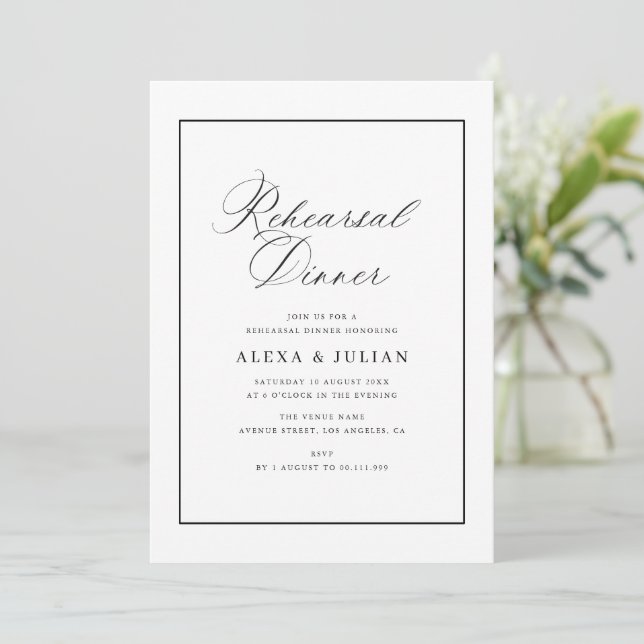 Elegant black calligraphy rehearsal dinner invitation (Standing Front)