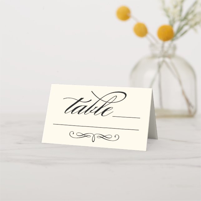 Elegant Black Calligraphy Script Ivory Wedding Place Card (Front)