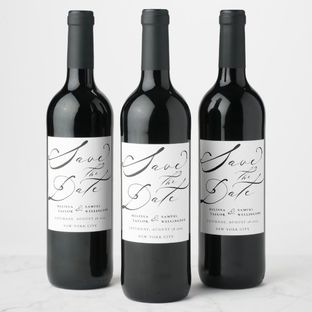 Elegant Black Calligraphy Script Wedding Save The  Wine Label (Bottles)