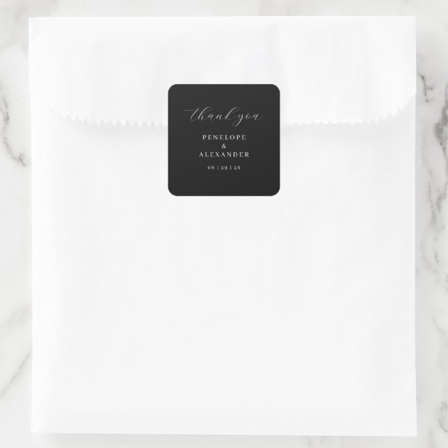 Elegant Black Calligraphy Thank You Square Sticker (Bag)
