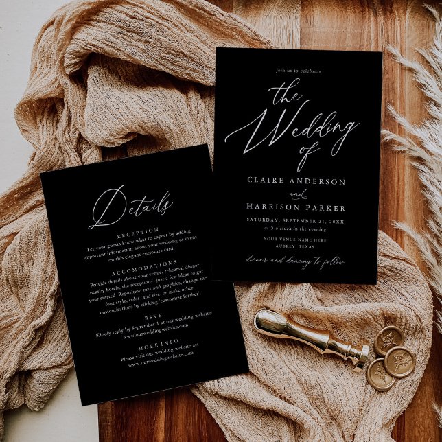 Elegant Black Calligraphy The Wedding of Details Invitation (Creator Uploaded)