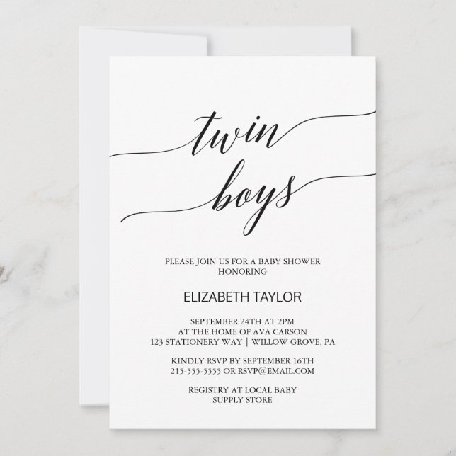 Elegant Black Calligraphy Twin Boys Baby Shower Invitation (Front)