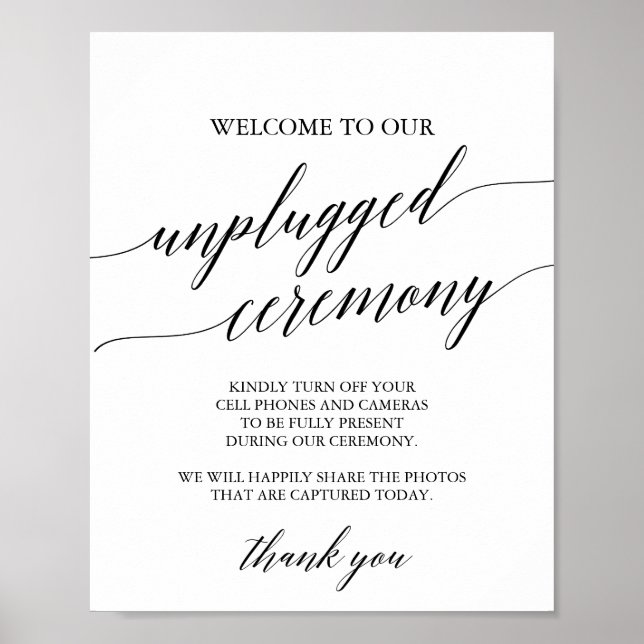 Elegant Black Calligraphy Unplugged Ceremony Sign (Front)