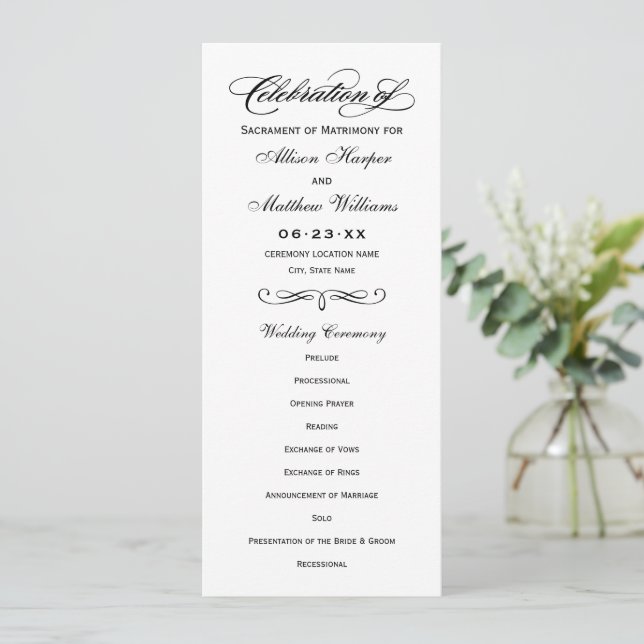 Elegant Black Calligraphy Wedding Ceremony Program (Standing Front)