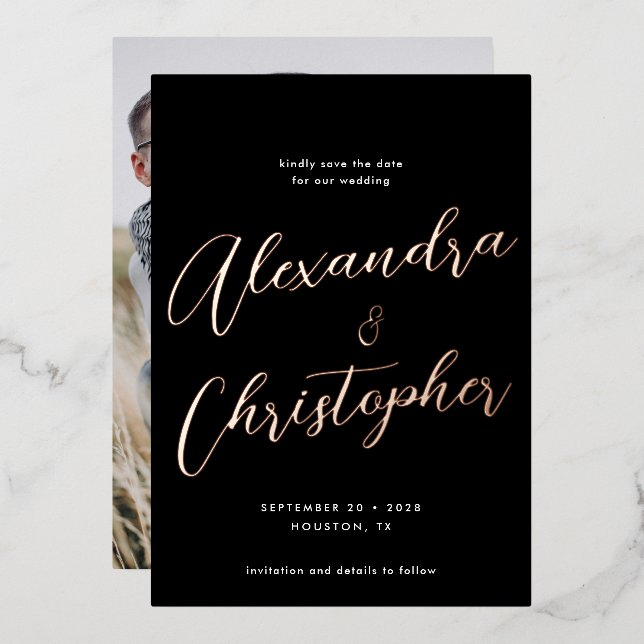 Elegant Black Calligraphy Wedding Save the Date (Front/Back)