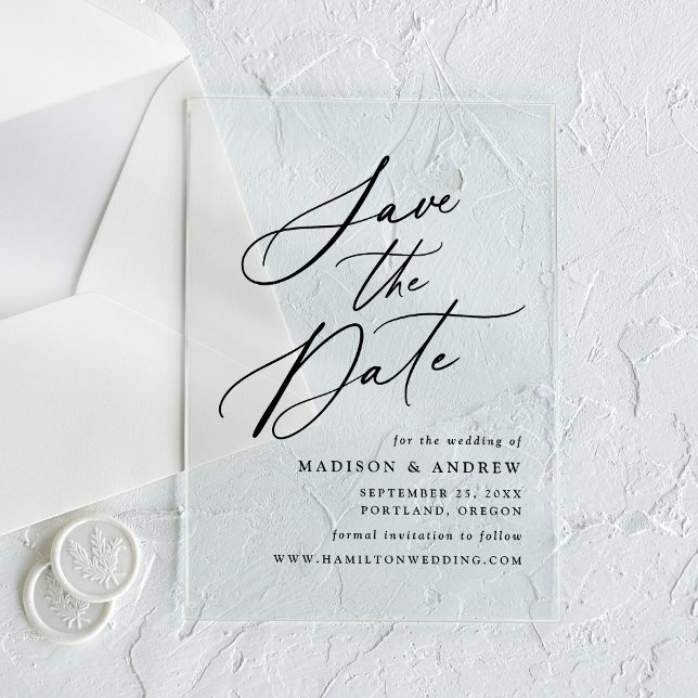 Elegant Black Calligraphy Wedding Save the Date Acrylic Invitations (Creator Uploaded)