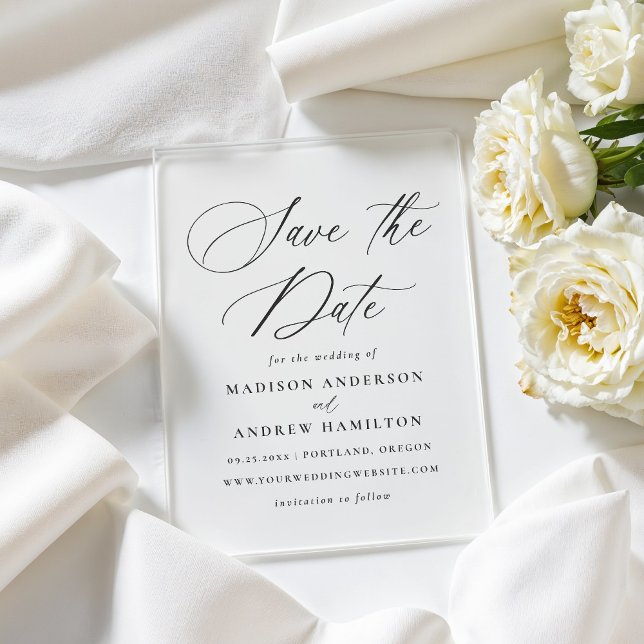 Elegant Black Calligraphy Wedding Save the Dates Acrylic Invitations (Creator Uploaded)