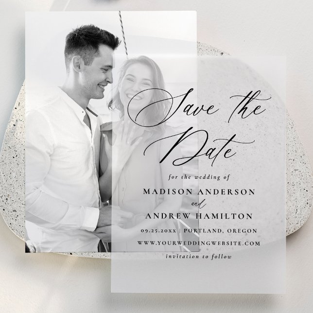 Elegant Black Calligraphy Wedding Save the Dates Vellum Invitations (Creator Uploaded)
