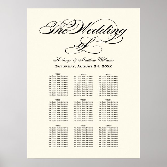 Elegant Black Calligraphy Wedding Seating Chart (Front)