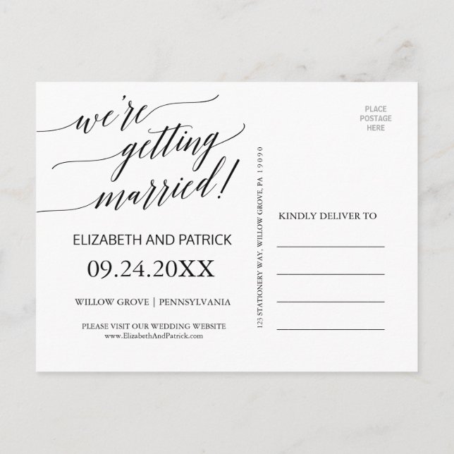Elegant Black Calligraphy We're Getting Married Announcement Postcard (Back)