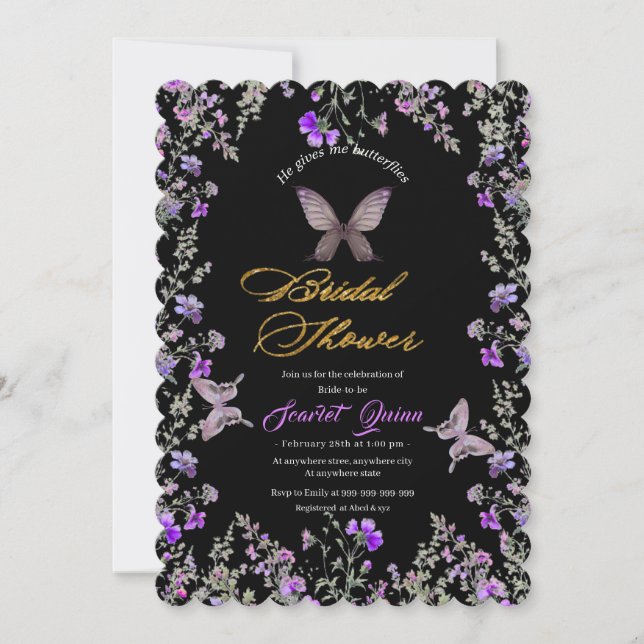 Elegant black canvas with purple-brown wild flower invitation (Front)
