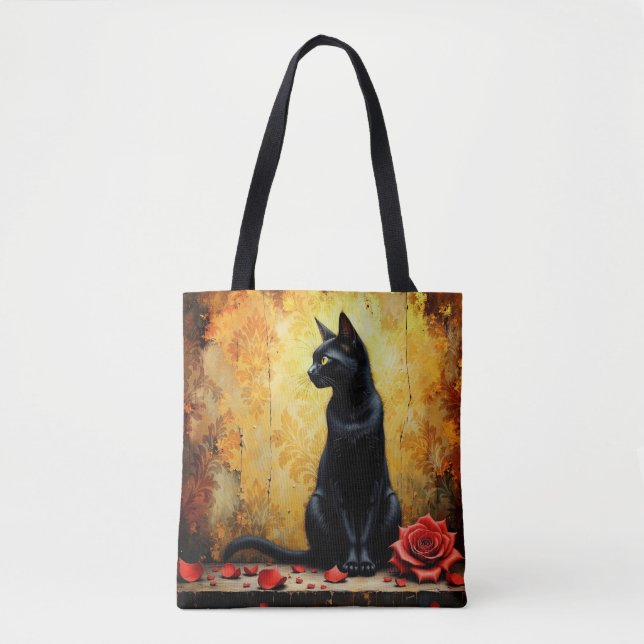  Elegant Black Cat and Red Rose Tote Bag (Front)
