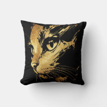 Elegant Black Cat and Textured Gold Leaf Cushion
