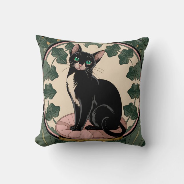 Elegant Black Cat Art Nouveau Cushion (Front)