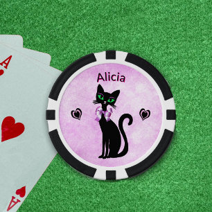 Elegant Black Cat Big Bow Black pink Hearts Poker Chips