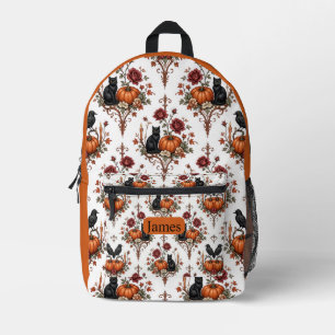 Elegant Black Cat Burnt Orange Pumpkin Gothic Rose Printed Backpack