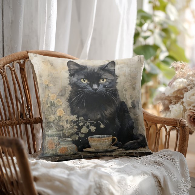 Elegant Black Cat Cushion (Shabby Chic Black Cat Throw Pillow)