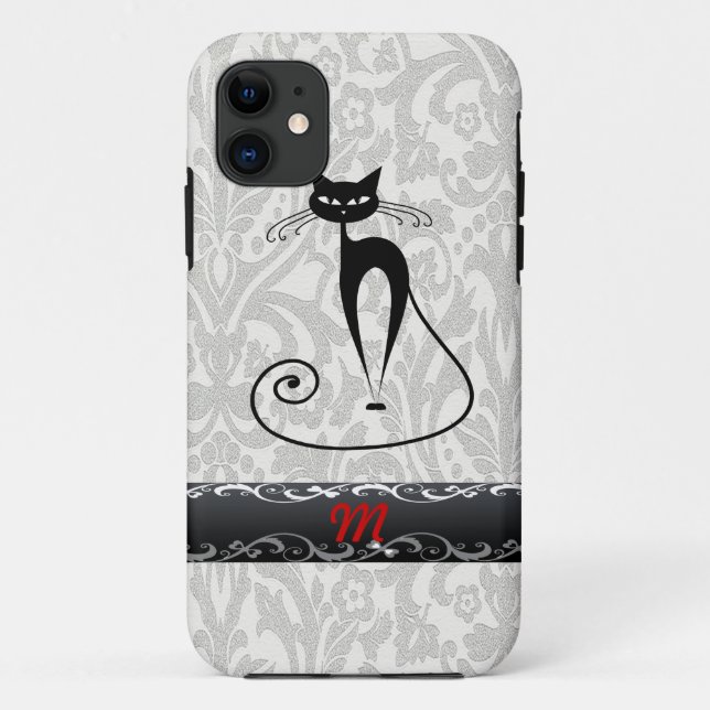 Elegant  black cat damask Case-Mate iPhone case (Back)