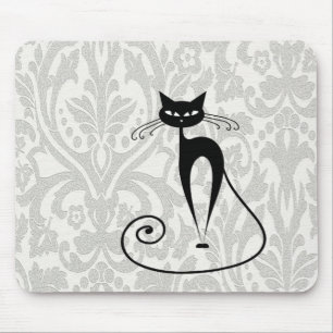 Elegant black cat damask mouse pad