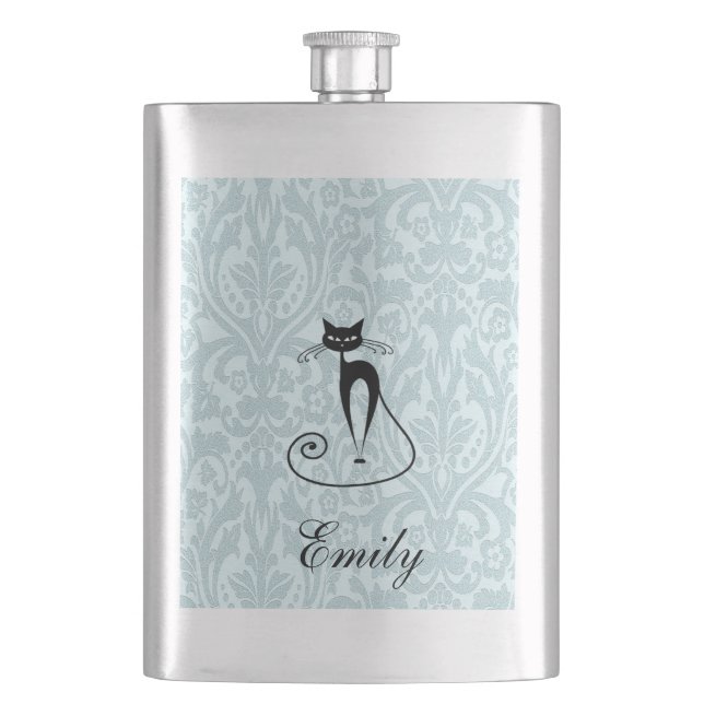 Elegant black cat damask vintage wedding hip flask (Front)