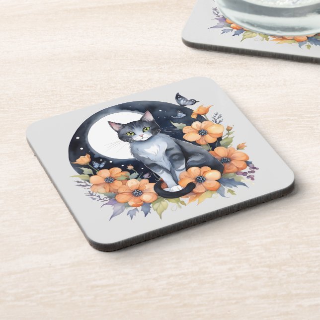 Elegant Black Cat Floral Moon Art Cat Lover Coaster (Left Side)