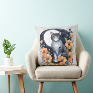 Elegant Black Cat Floral Moon Art Cat Lover Cushion