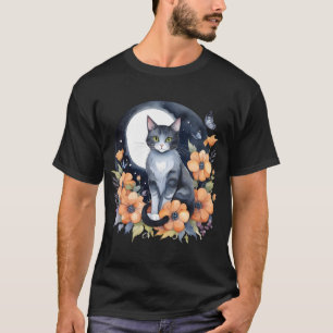 Elegant Black Cat Floral Moon Art Cat Lover T-Shirt
