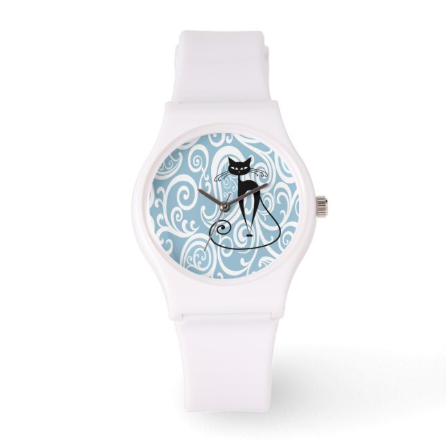 Elegant black cat gentle floral pattern watch (Front)