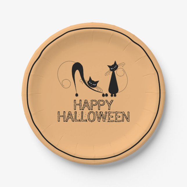 Elegant Black Cat, Happy Halloween Paper Plate (Front)