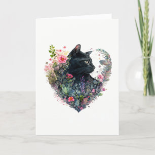 Elegant Black Cat in Mixed Flowers Valentine's Day Holiday Card