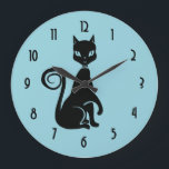Elegant Black Cat Large Clock<br><div class="desc">Elegant black cat posing with one paw raised. Has a cute curly tail and is wearing a fancy choker</div>