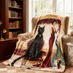 Elegant Black Cat Opera Night Vintage Animal Art Fleece Blanket