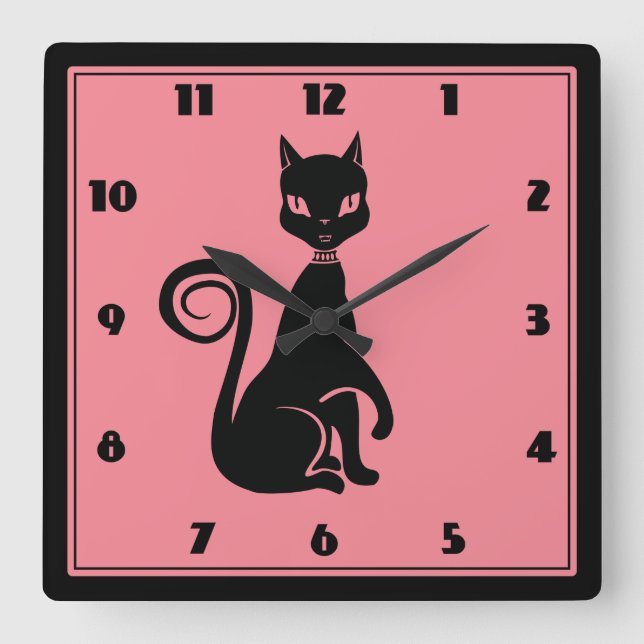Elegant Black Cat Square Wall Clock (Front)
