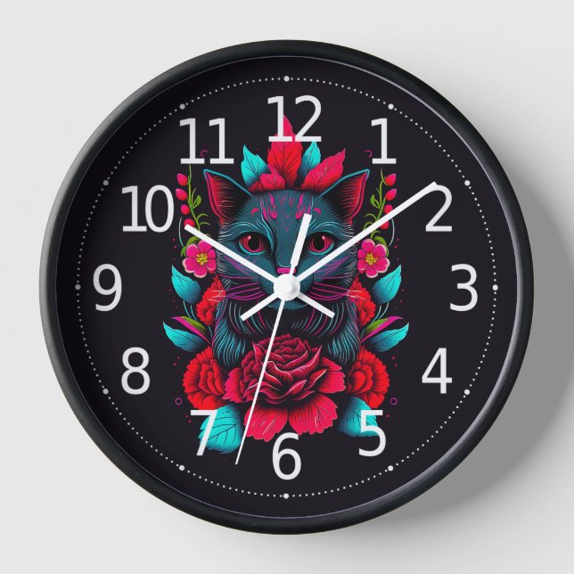 Elegant Black Cat Surrounded by Red Roses | Clock (Front)
