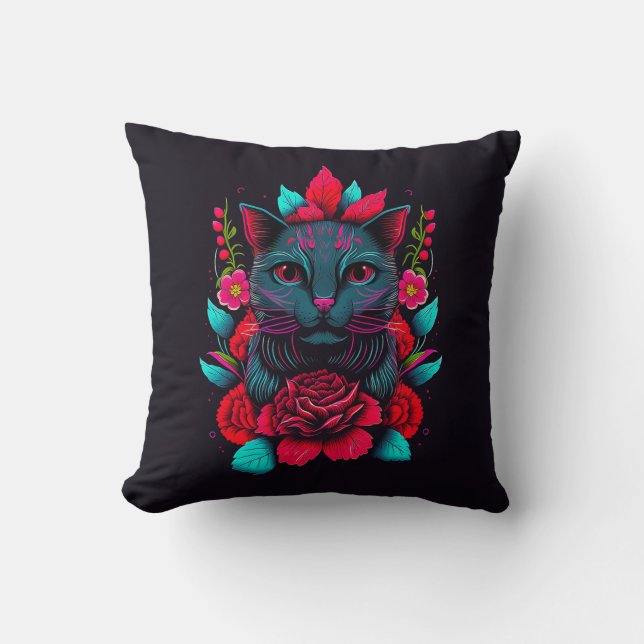 Elegant Black Cat Surrounded by Red Roses | Cushion (Front)