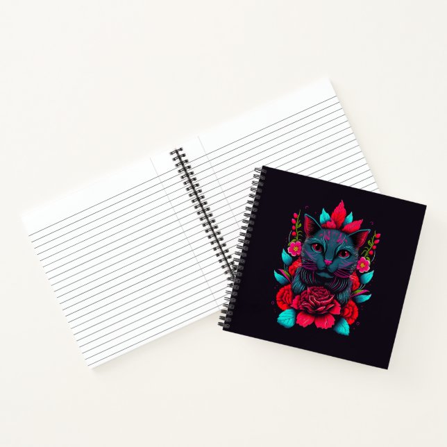 Elegant Black Cat Surrounded by Red Roses | Notebook (Inside)
