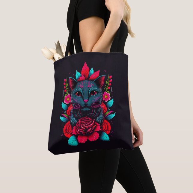 Elegant Black Cat Surrounded by Red Roses | Tote Bag (Close Up)