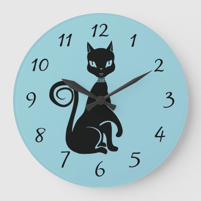 Elegant Black Cat with a raised Paw Large Clock (Front)
