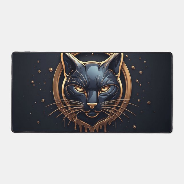 Elegant Black Cat With Golden Drip Effect 🐈 Desk Mat (Front)