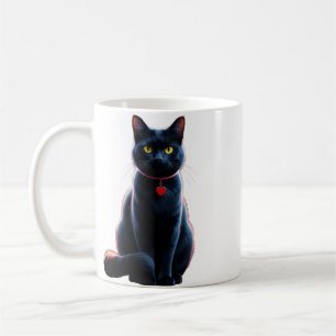 Elegant Black Cat with Heart Charm Coffee Mug