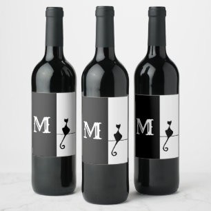 Elegant Black Cat with Initial Classic Wine Label