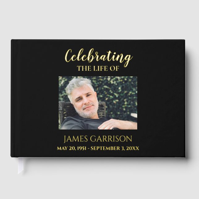 Elegant Black Celebration of Life Photo Memorial Guest Book (Front)